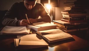 caucasian male studying literature indoors library generated by ai 768x439 1